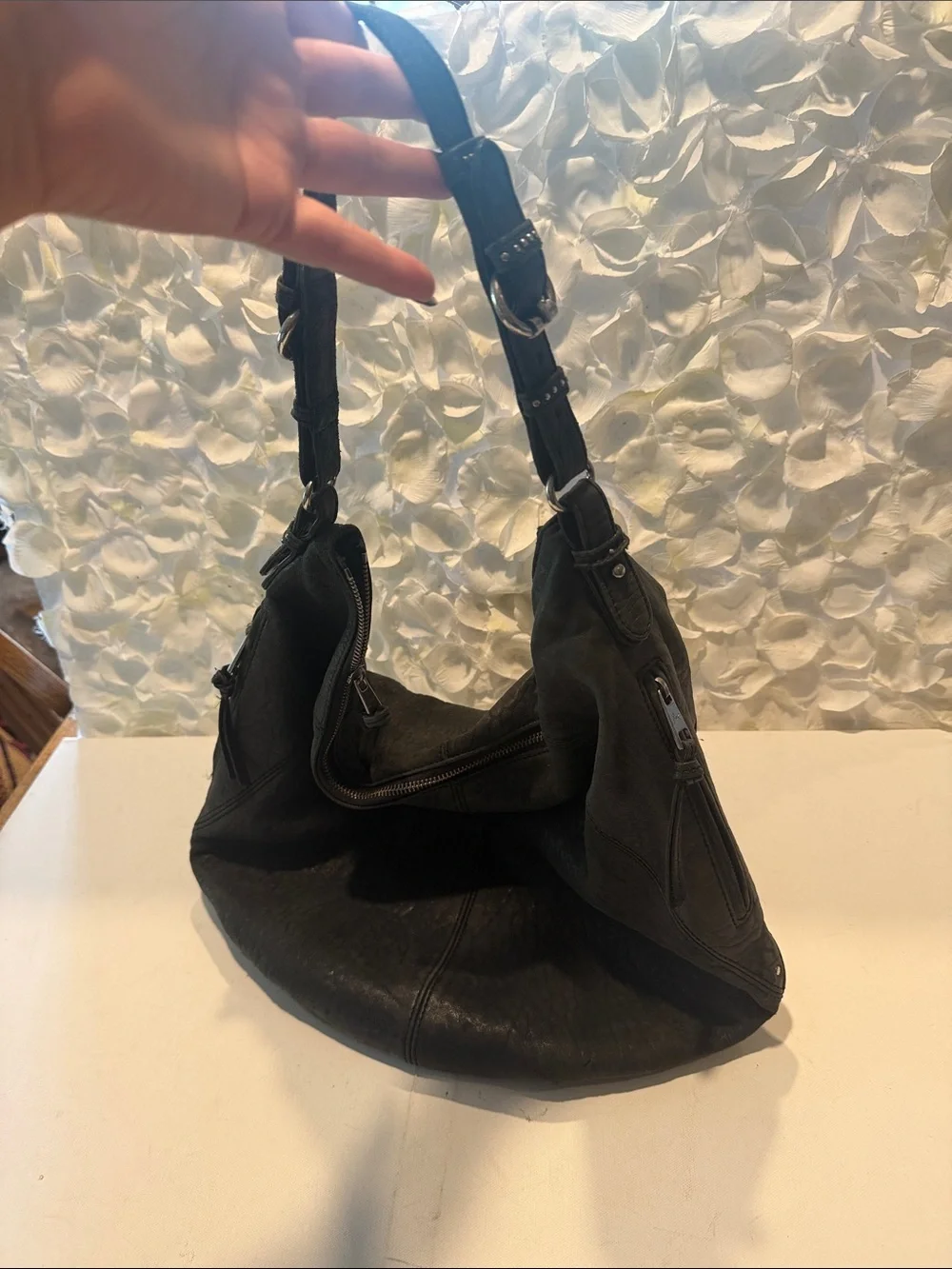 Textured Black Leather Hobo Shoulder Bag